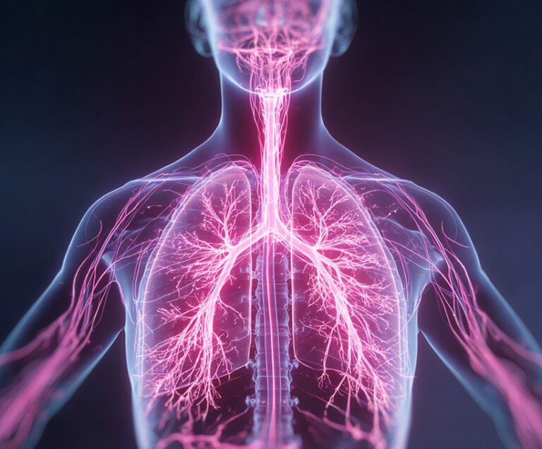 Digital illustration of the vagus nerve and respiratory system showing nerve pathways through the chest and lungs.
