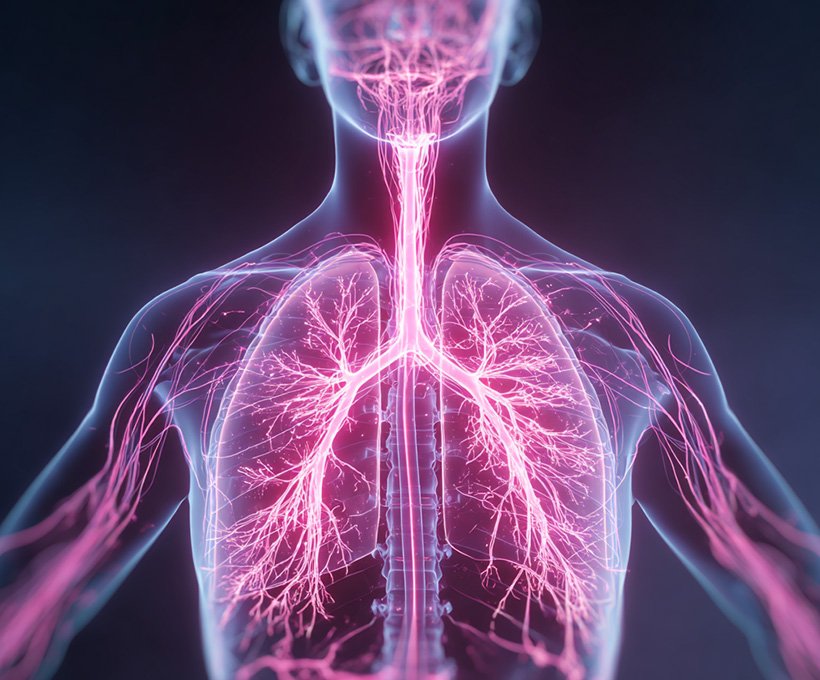 Digital illustration of the vagus nerve and respiratory system showing nerve pathways through the chest and lungs.