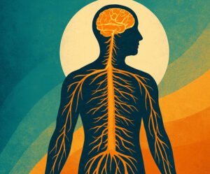 Digital illustration of a human silhouette surrounded by flowing lines and neural patterns, symbolizing mind-body integration and peak performance