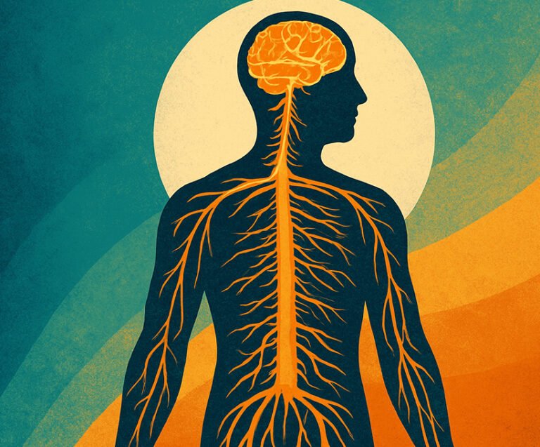 Digital illustration of a human silhouette surrounded by flowing lines and neural patterns, symbolizing mind-body integration and peak performance