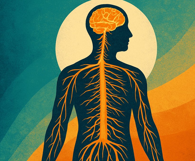Digital illustration of a human silhouette surrounded by flowing lines and neural patterns, symbolizing mind-body integration and peak performance