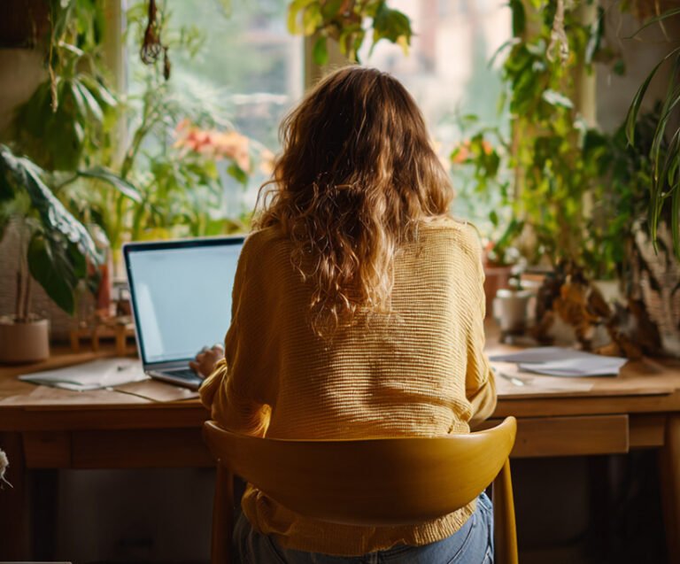 Woman sitting at a desk with her laptop in a bright, peaceful room overlooking nature through a large window, bathed in soft morning light — representing clarity and focus in the Mulry Method.