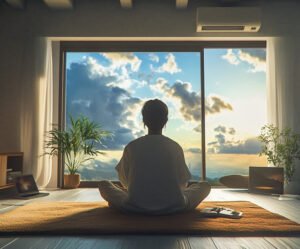 Person meditating indoors facing a bright sky and clouds, symbolizing mindfulness, awareness, and living in the moment.