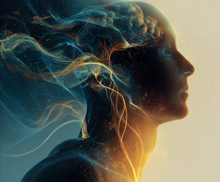 Abstract digital illustration of a human profile with glowing vagus nerve pathways and flowing energy lines, symbolizing Polyvagal Theory and the calming effects of Relaxation Therapy.