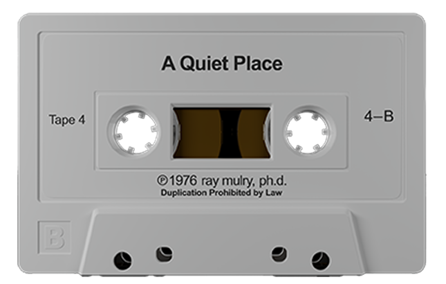 3D model of 1976 Relaxation Therapy cassette labeled A Quiet Place by Dr. Ray Mulry, minimalistic guided meditation without external sounds.