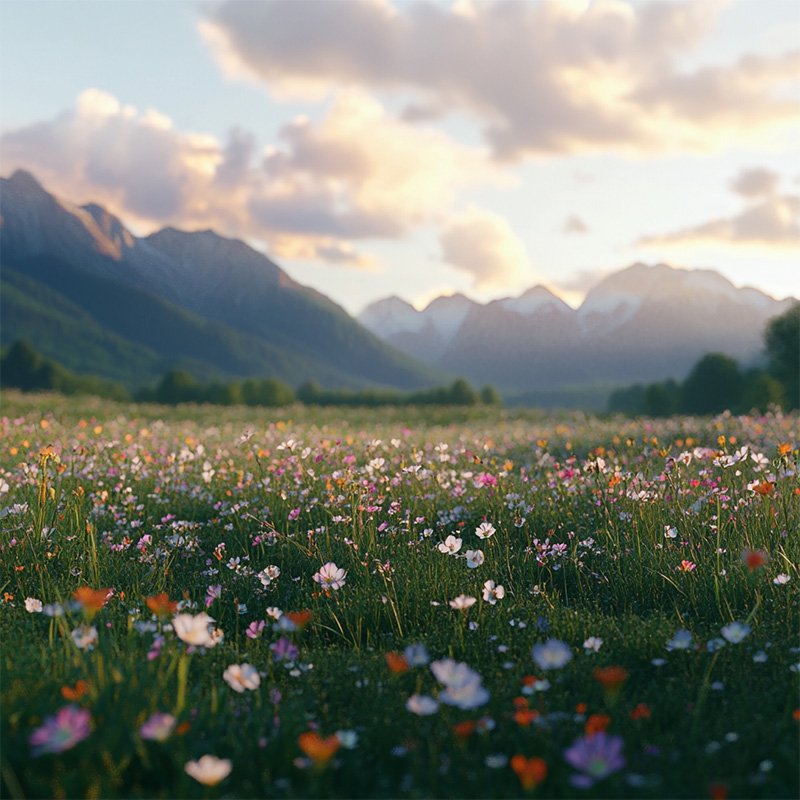 Wildflower meadow at sunset with mountains in the background, representing the Mulry Method Relaxation Therapy Remastered Tapes version An Evening with Nature.