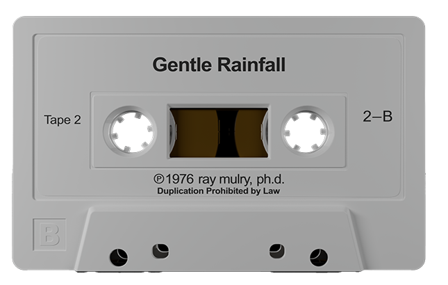 3D model of 1976 Relaxation Therapy cassette labeled Gentle Rainfall by Dr. Ray Mulry, guided meditation with soothing rain sounds.