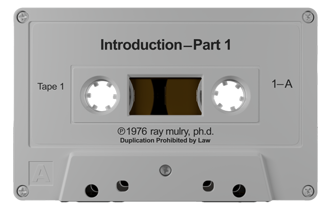 3D model of 1976 Relaxation Therapy cassette labeled Introduction Part 1 by Dr. Ray Mulry, discussing stress, tension, and self-awareness.