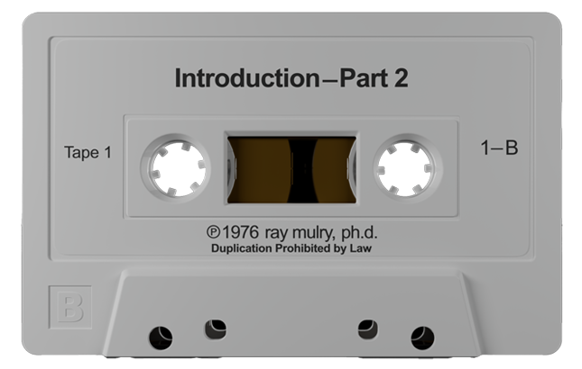 3D model of 1976 Relaxation Therapy cassette labeled Introduction Part 2 by Dr. Ray Mulry, outlining key principles and techniques.