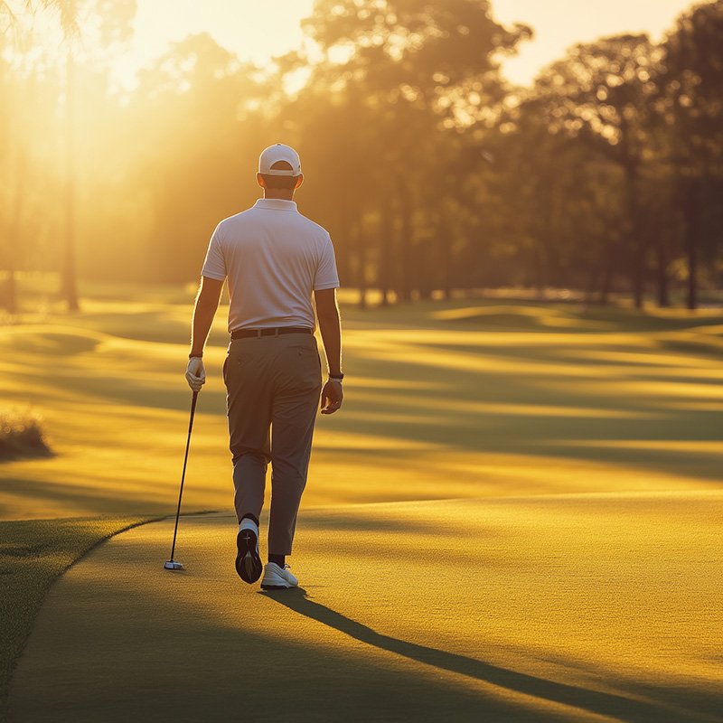 Golfer walking down a sunlit fairway at golden hour, representing the rhythmic flow of the Mulry Method Relaxation Therapy Trust Your Swing version.