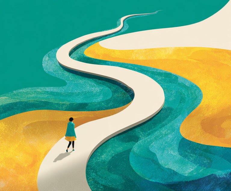 Illustration of a woman confidently walking along a winding path, symbolizing personal growth and internal locus of control