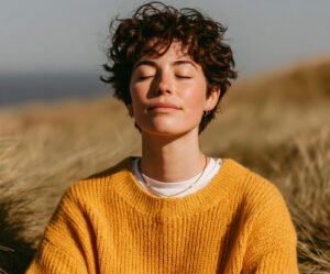 Woman practicing self-care outdoors with eyes closed, wearing a yellow sweater, symbolizing relaxation and psychological well-being.