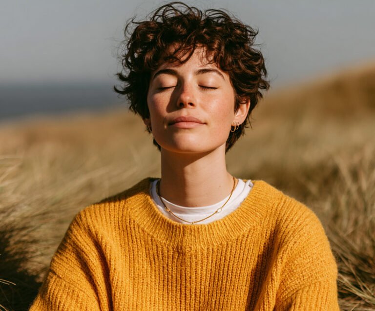 Woman practicing self-care outdoors with eyes closed, wearing a yellow sweater, symbolizing relaxation and psychological well-being.