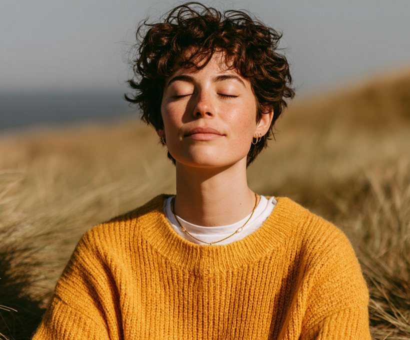 Woman practicing self-care outdoors with eyes closed, wearing a yellow sweater, symbolizing relaxation and psychological well-being.