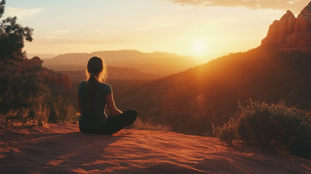 Person practicing Mulry Method Relaxation Therapy while seated on red rocks at sunset in Sedona, cultivating calm and nervous system balance.