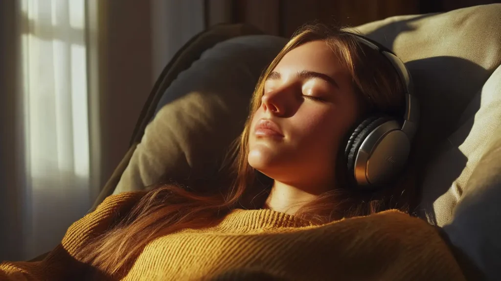 Young woman relaxing in sunlight while listening to guided meditation with headphones, practicing Mulry Method Relaxation Therapy.