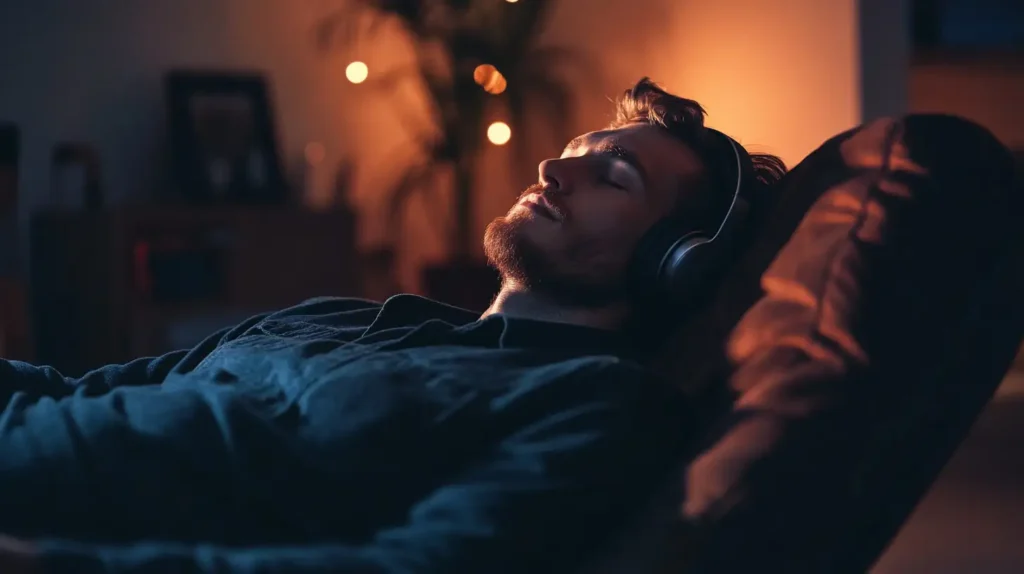 Man reclining in a dimly lit room, wearing headphones and practicing Mulry Method Relaxation Therapy for stress relief and nervous system balance.
