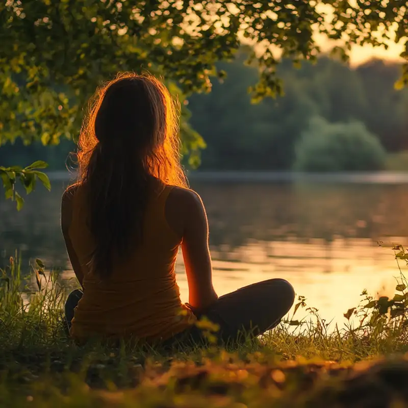 Woman practicing Relaxation Therapy through imagination and meditation beside a calm lake at sunset