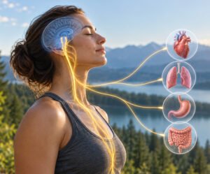 Vagus nerve connecting the brain with the heart, lungs, stomach, and digestive system