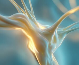 Abstract illustration of a nerve pathway with soft flowing shapes in blue and gold, symbolizing vagus nerve activity and calm regulation.