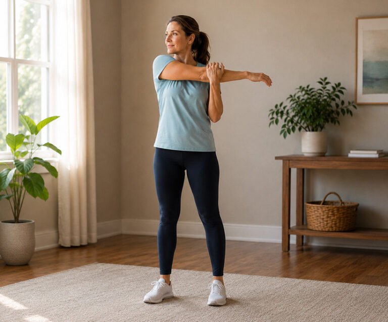 Woman practicing a gentle standing stretch to develop physical flexibility