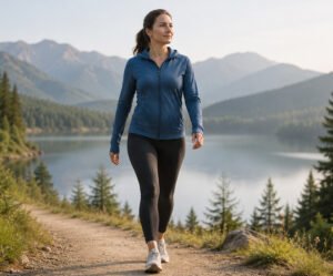 Woman walking outdoors with focused attention