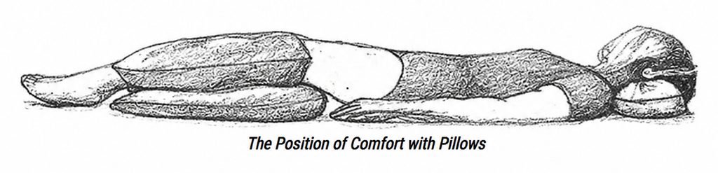 Dr. Mulry’s Position of Comfort with pillows supporting the knees and neck