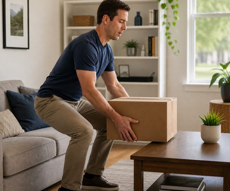 Man exhaling while using balanced body mechanics to lift a box