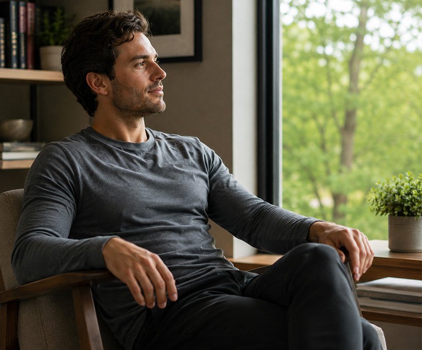 Man sitting comfortably while relaxed, alert, and aware of his surroundings