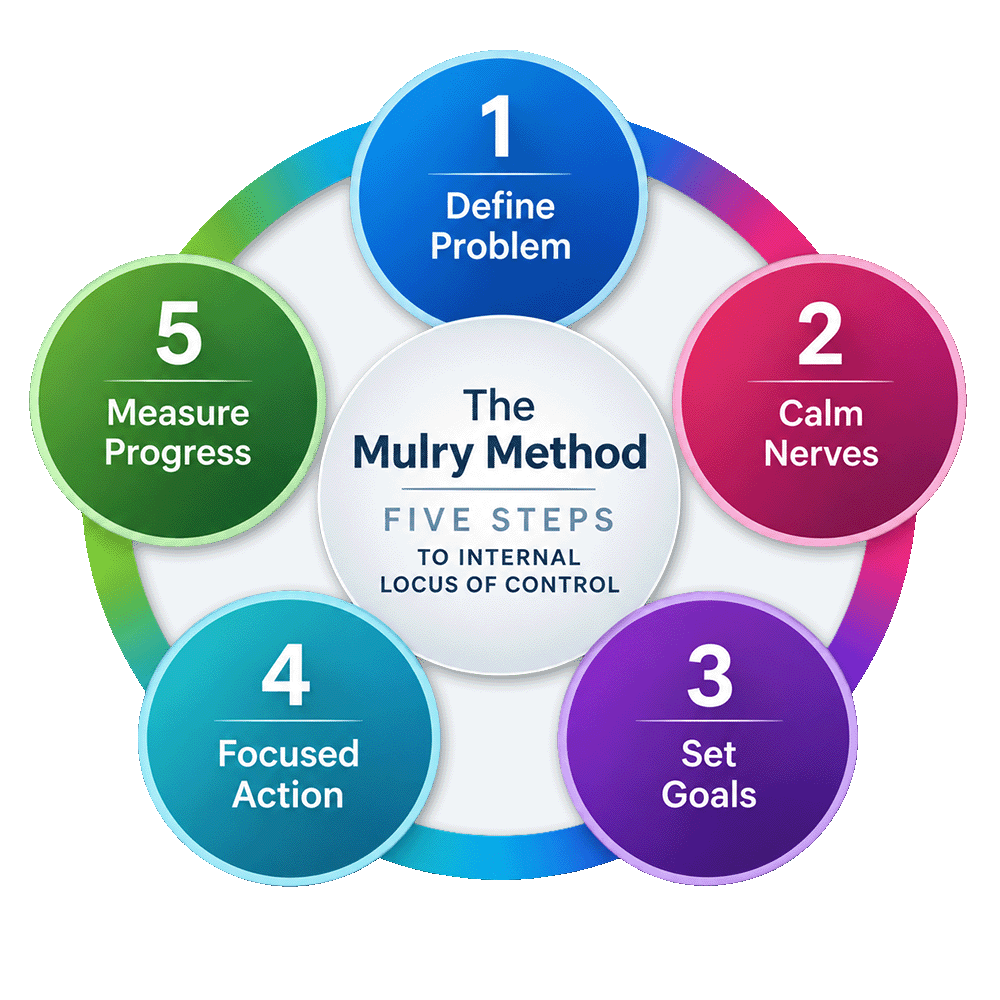 Mulry Method Five Steps to Internal Locus of Control: Define Problem, Calm Nerves, Set Goals, Focused Action, and Measure Progress